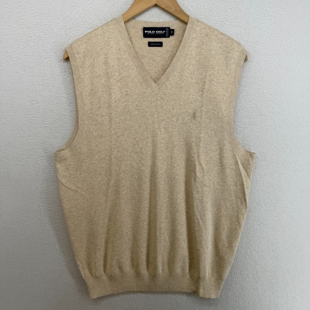 RALPH LAUREN Sweater Vest Mens M POLO GOLF V-Neck Pullover Cotton Beige HK VTG